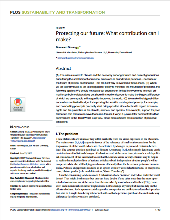 Screenshot PLOS SUSTAINABILITY AND TRANSFORMATION. Preview "Protecting our future: What contribution ca I make?" von Bernward Gesang.