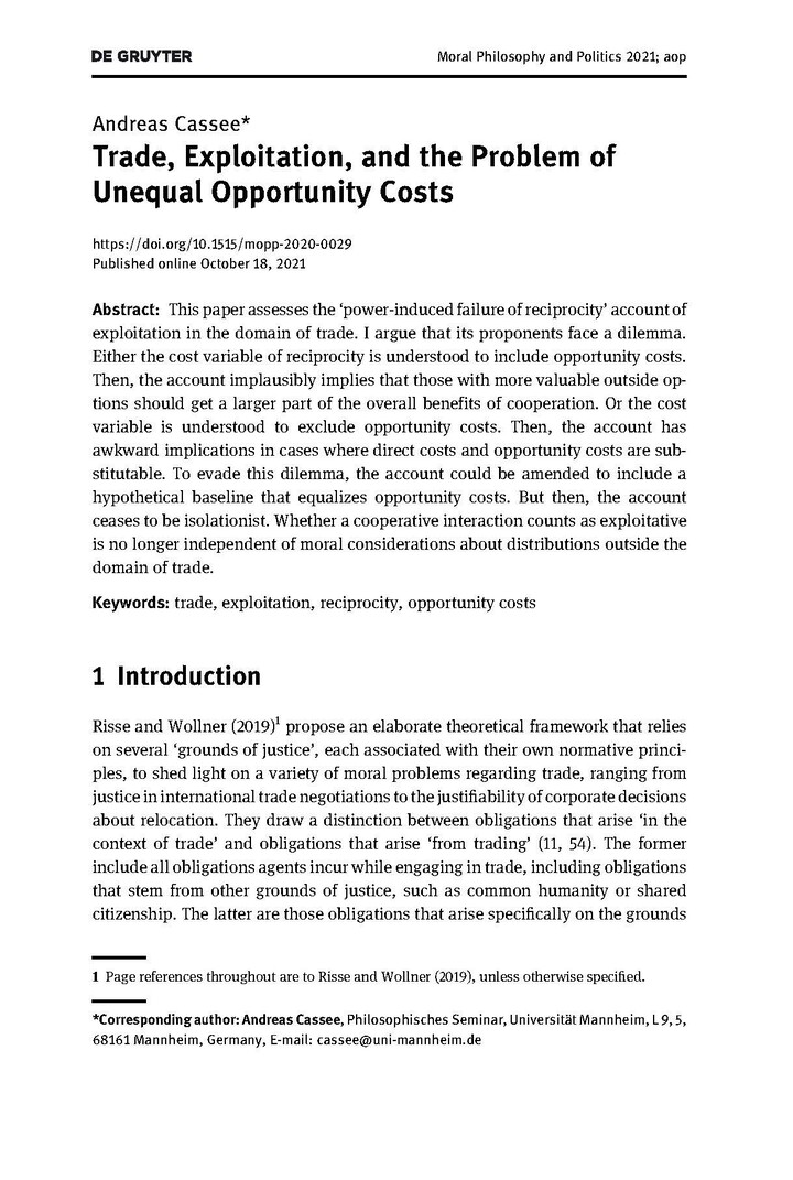 Grafische Darstellung einer Seite aus Andreas Cassee: "Trade, Exloitation, and the Problem of Unequal Opportunity Costs" in "Moral Philosophy and Politics 2021.